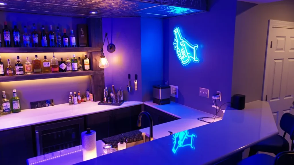 Finished basement home bar with tin ceiling and neon sign by Edges Unlimited in Clifton Park, NY
