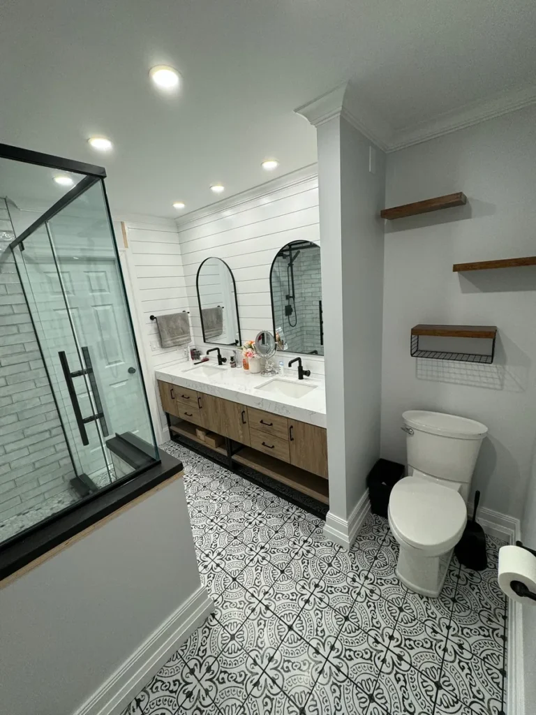 Shiplap bathroom with double vanity and walk-in shower by Edges Unlimited in Clifton Park, NY
