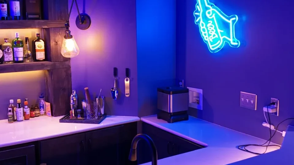 Finished basement home bar with tin ceiling and neon sign by Edges Unlimited in Clifton Park, NY